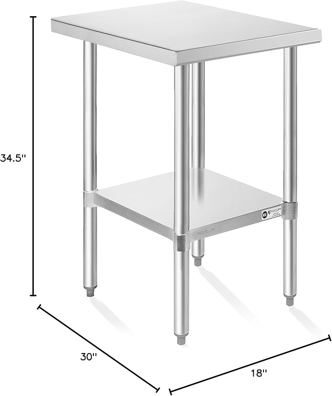 KUTLER Stainless Steel Table 30 x 18 Inches, NSF Heavy Duty Commercial Kitchen Prep and Work Table with Undershelf for Restaurant, Hotel, Home