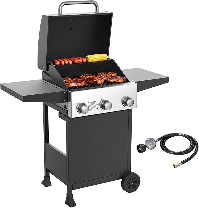 Veralune 3 Burner Propane Gas Grill, 36,000 BTU Stainless Steel Outdoor BBQ Grill with Built-In Thermometer, Lid, Foldable Side Shelves & Wheels for Patio, Garden & Backyard Cooking