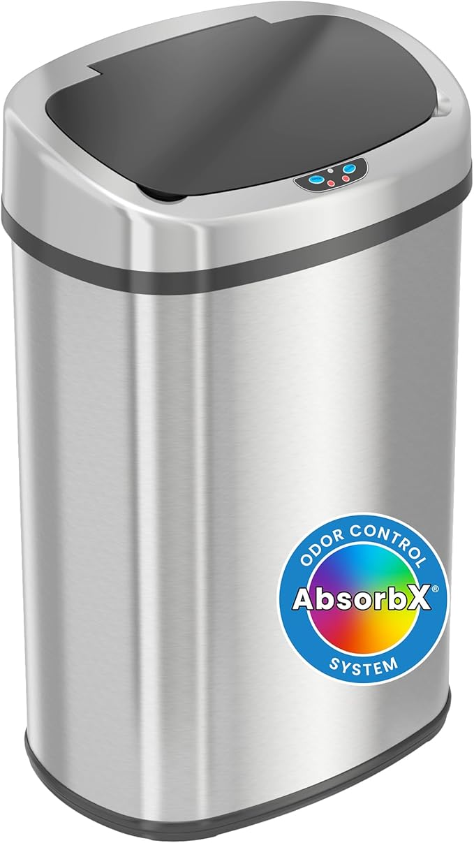 iTouchless 13 Gallon Automatic Sensor Trash Can with AbsorbX Odor Filter, Stainless Steel Kitchen Garbage Bin, Fingerprint-Proof, Hands-Free Operation, Oval