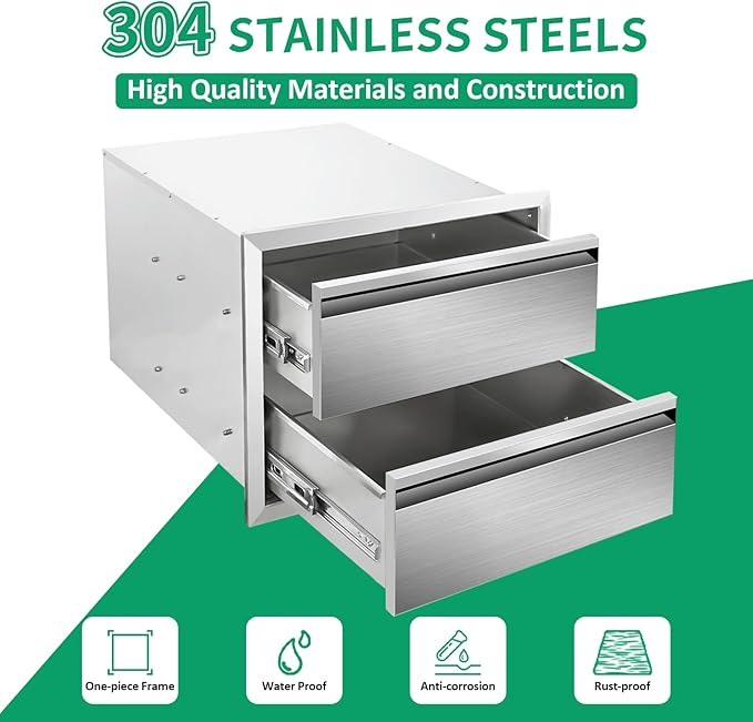 Outdoor Kitchen Drawers 18" W x 15" H x 23" D Stainless Steel Double Drawers with Hidden Handle for BBQ Island, Patio Grill Station & Outdoor Kitchen Cabinets