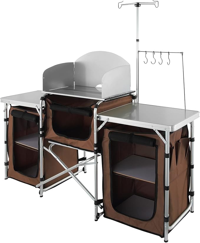 VEVOR Camping Kitchen Table, Folding Outdoor Cooking Table with Storage Carrying Bag, Aluminum Cook Station 3 Cupboard & Detachable Windscreen, Quick Set-up for Picnics, BBQ, RV Traveling, Brown
