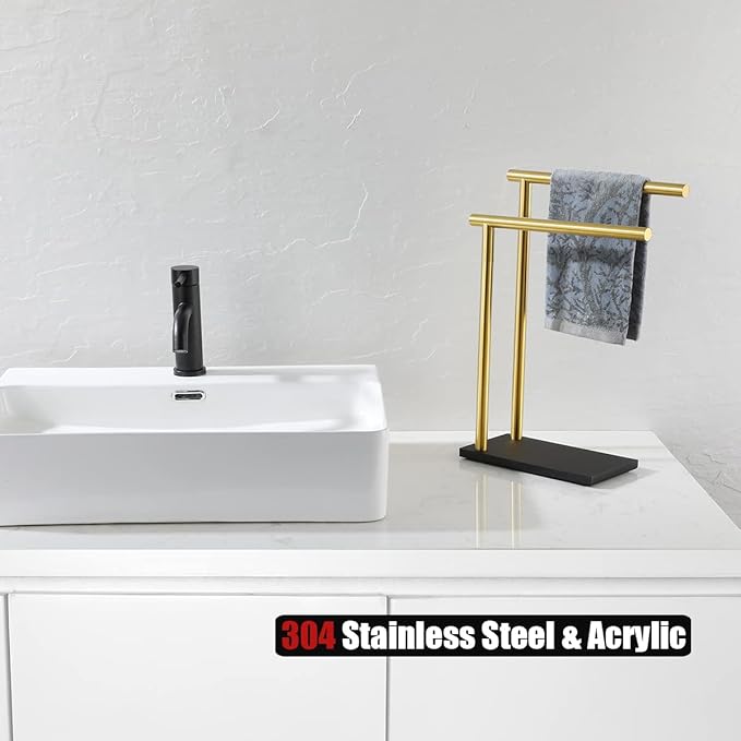 JQK Hand Towel Holder Stand Brushed Gold, Modern Tree Rack Free Standing for Countertop with 12 Inch 2 Bars, 304 Stainless Steel Golden, HTT172-BG