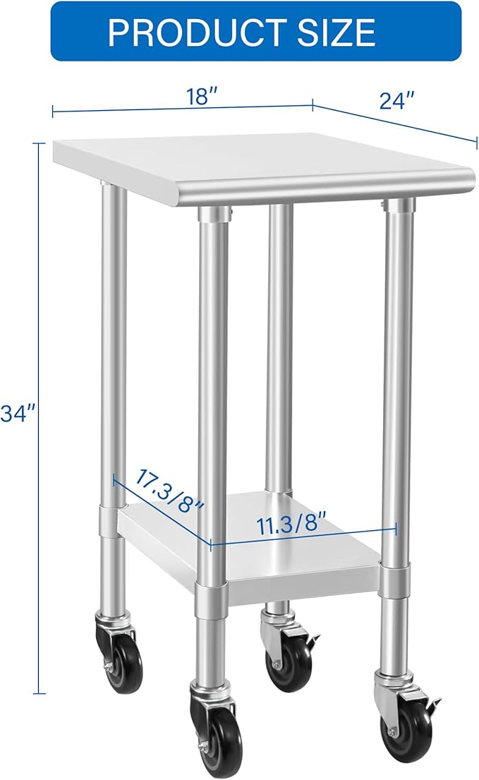 HARDURA Stainless Steel Commercial Table Prep & Work Table with Casters Heavy Duty Metal Table with Wheels NSF 430 24×18 Inches
