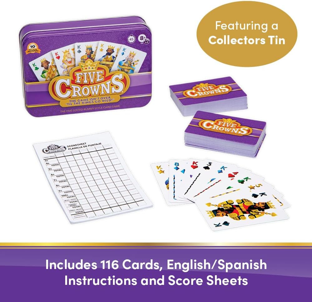 PlayMonster Five Crowns Collectible Tin – Card Game for Kids and Adults, Family Game Night, The Game isn’t Over Until the Kings Go Wild!, 5 Suited Rummy Style Card Game, 1-7 Players, Ages 8+