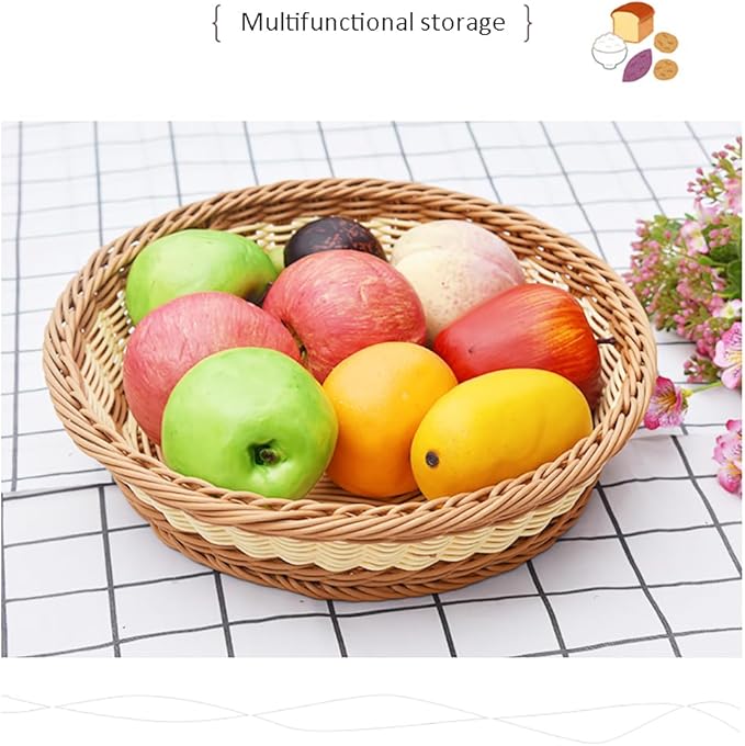 RT&BS 2pcs Round Wicker Bread Basket, Christmas Food Baskets, Eco-Friendly Sturdy Stackable Fruit Basket for Kitchen, Store, Restaurant, Party (Bicolor, L)