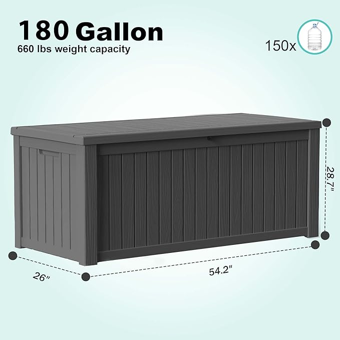 EasyUp 180 Gallon Outdoor Storage Box, Resin Waterproof UV-Resistant Deck Box with Hydraulic Lid Support, Reinforced Stability for Patio, Garden, and Poolside, Black