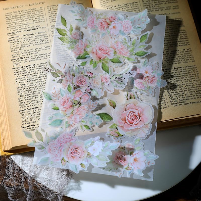 Vintage Vellum Stickers Floral Plants Elements Scrapbooking Supplies Flowers Botanic Natural Translucent Paper Self-Adhesive Junk-Journal Items (Rose)