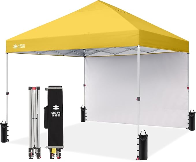 CROWN SHADES 8x8 Pop Up Canopy with 1 Side Wall - Beach Tent with One Push Setup - Outdoor Sun Shade for Events, Parties, Camping - Gazebo with STO-N-Go Cover Bag (Yellow)