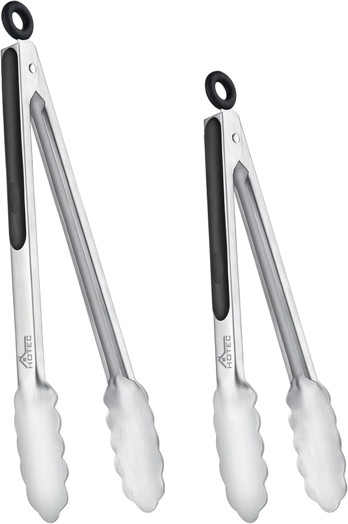 Hotec Stainless Steel Kitchen Tongs, Set of 2-9" and 12", Locking Metal Food Tongs for Cooking, Serving, BBQ, Grill Non-Slip Grip