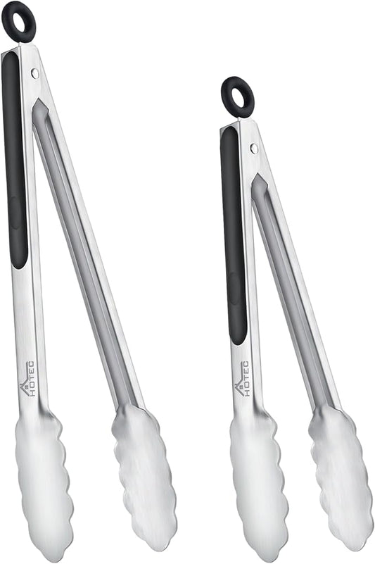 Hotec Stainless Steel Kitchen Tongs, Set of 2-9" and 12", Locking Metal Food Tongs for Cooking, Serving, BBQ, Grill Non-Slip Grip