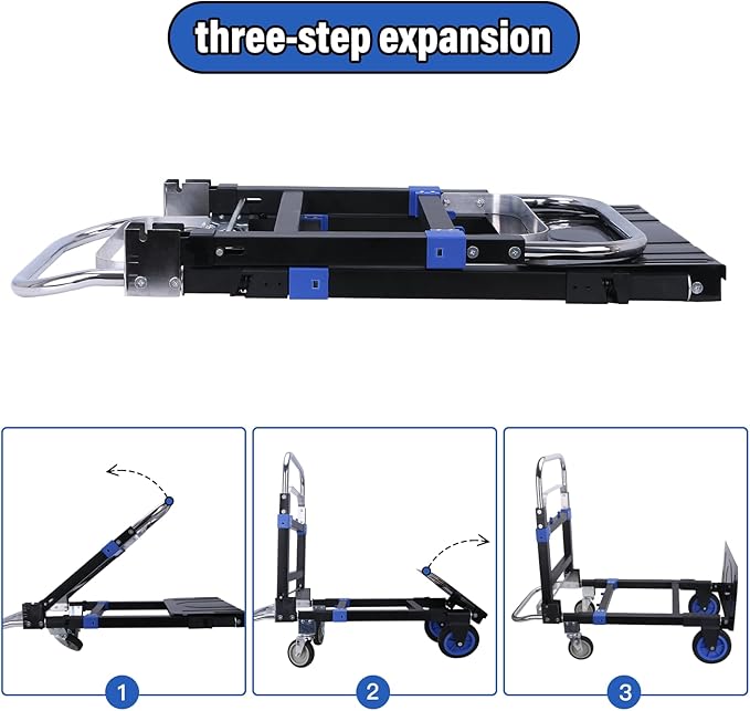 Upgraded 3 in 1 Folding Hand Truck, 600lbs Capacity, Heavy Duty Convertible Dolly with Retractable Handle and 4 Rubber Wheels, Collapsible Cart for Moving Home, Office, Warehouse (Blue)