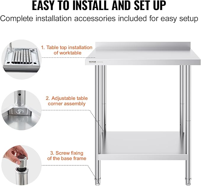 VEVOR 24 x 30 x 36 Inch Stainless Steel Work Table, Commercial Food Prep Worktable Heavy Duty Prep Worktable, Metal Work Table with Adjustable Height for Restaurant, Home and Hotel