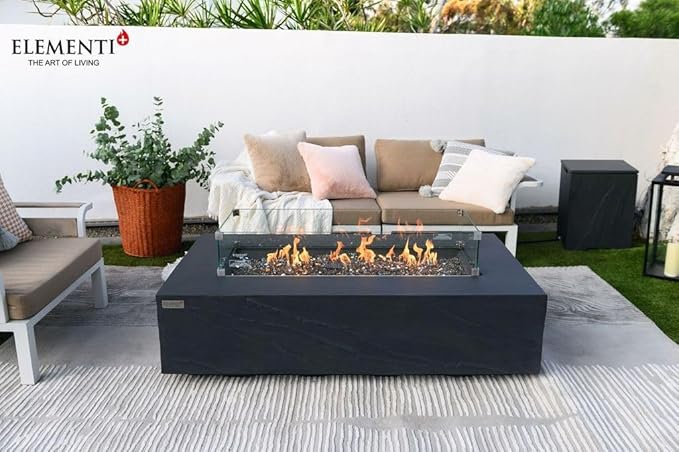 Elementi+ | Bundle Cape Town Gas Fire Pit Cast Concrete 56" Rectangular Fire Table, Outdoor Fire Pit Electronic Ignition | Canvas Cover, Fire Glass and Burner Lid Included | Dark Gray | Natural Gas