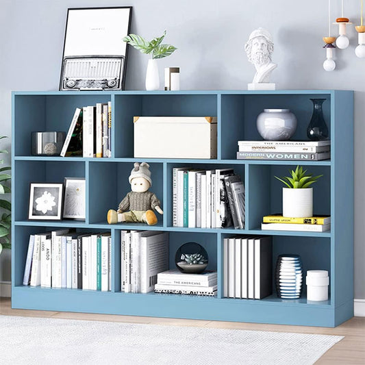 IOTXY Open Shelf Low Bookcase - Wooden 3-Tier Floor Standing Display Cabinet Organizer with Base, 10 Cubes Short Horizontal Bookshelf in Bright Blue