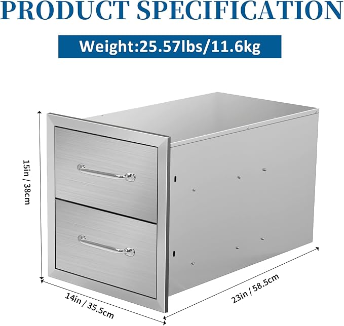 Outdoor Kitchen Drawers 14"Wx15"Hx23"D Flush Mount Access 2-Drawer BBQ Stainless Steel Drawers with Handle for Outdoor Kitchen Island or Grill Station