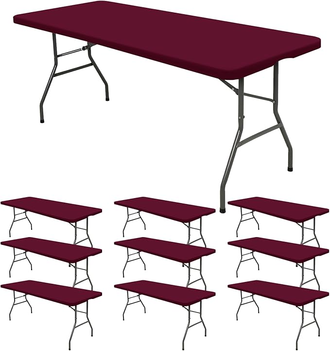 10 Pack Fitted Tablecloth for 6 Foot Rectangle Tables, Wine Red Elastic Outdoor Picnic Table Cover, Washable Stretch Folding Table Cloths 6 ft for Camping Party Patio Kitchen Banquet, 30" W x 72" L