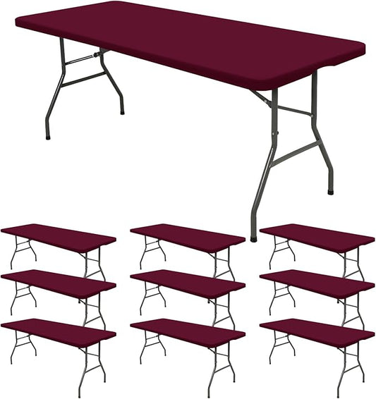 10 Pack Fitted Tablecloth for 6 Foot Rectangle Tables, Wine Red Elastic Outdoor Picnic Table Cover, Washable Stretch Folding Table Cloths 6 ft for Camping Party Patio Kitchen Banquet, 30" W x 72" L