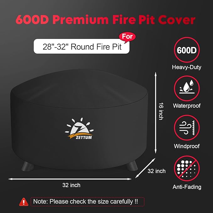 Zettum Fire Pit Cover Round 32 Inch - Outdoor Firepit Cover Heavy Duty & Waterproof, 600D Patio Fire Table Cover Gas Fire Pit Accessories Fade & Weather Resistant - 32 x 32 x 16 Inch