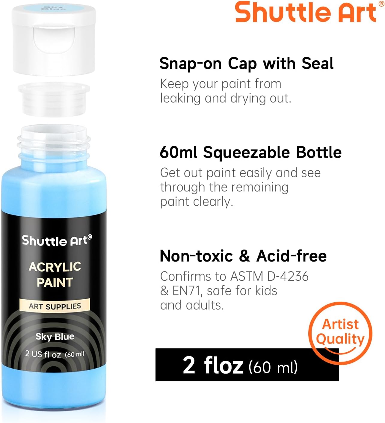 Shuttle Art 100 Colors Acrylic Paint, 2oz/60ml Bottles, Include 2 Sets of 12 Paint Brushes, 1 Art Sponge & Palette, Premium for Artists, Beginners & Kids on Canvas Rocks Wood Ceramic