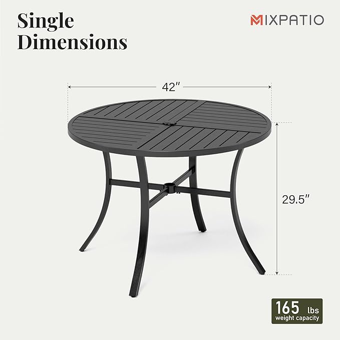 Outdoor Patio Round Dining Table, 42"x 42" Metal Small Round Table with Adjustable Umbrella Hole, All Weather Wrought Iron Black Outdoor Table for Deck Lawn Garden Backyard, Black