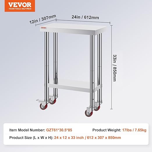 Vevor Stainless Steel Work Table with Wheels 24 x 12 x 32 Inch Prep Table with 4 Casters Heavy Duty Work Table for Commercial Kitchen Restaurant Business : Industrial & Scientific