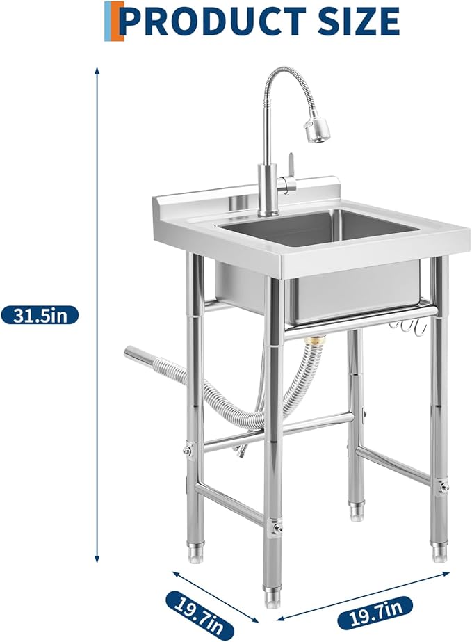 Stainless Steel Utility Sink, Free Standing Single Bowl Kitchen Sink, Adjustable Leg Height, with Faucet, Hot and Cold Water Pipes, Commercial Laundry Tub, Hook for Indoor Outdoor Farmhouse Use