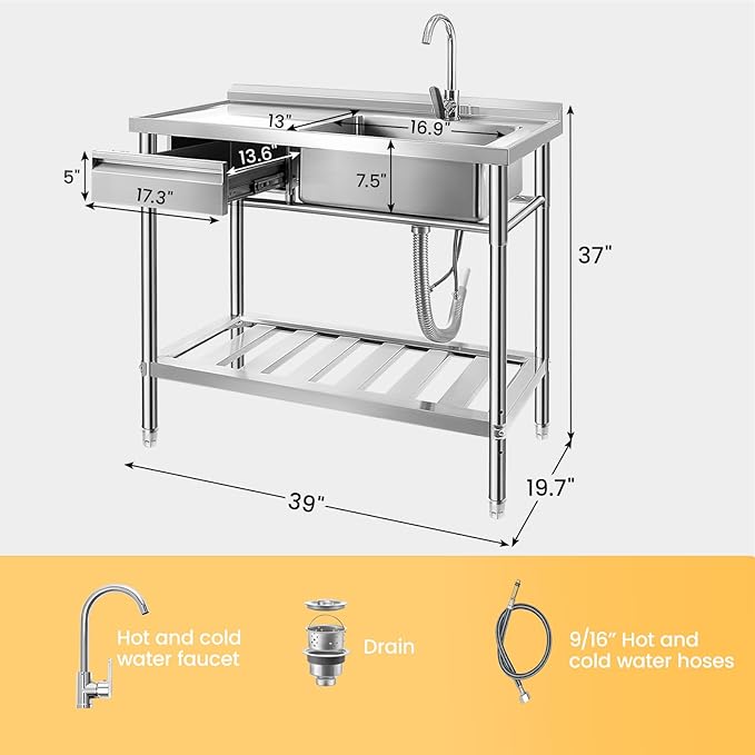 Stainless Steel Utility Sink, 39'' Free Standing Single Bowl Kitchen Sink with Drawer, Cold and Hot Water Pipe, Indoor and Outdoor for Laundry Room Farmhouse Kitchen(39 inch)