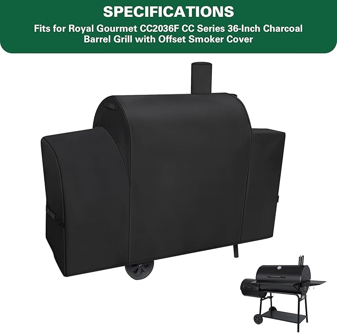Heavy Duty 600D Grill Cover Fits for Royal Gourmet CC2036F CC Series 36-Inch Charcoal Barrel Grill with Offset Smoker Cover
