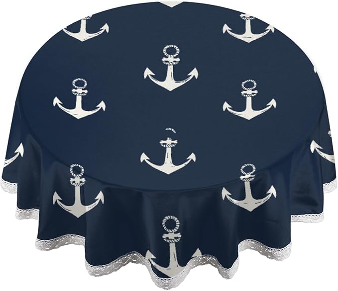 Round Tablecloth Waterproof Table Cloth for Kitchen Dinning Wedding Party Tabletop Decor,Nautical Anchor On Navy Blue Table Cover with Lace Trim,60 Inch
