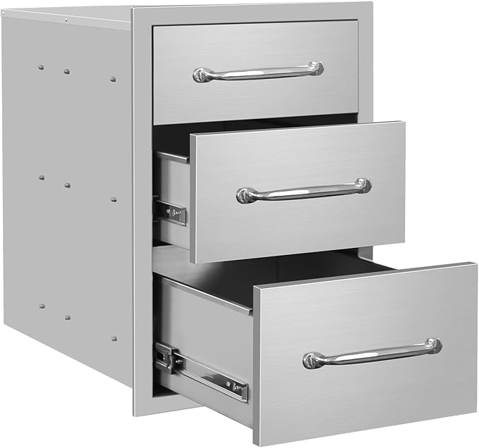 Outdoor Kitchen Drawers 14" W x 21" H x 21" D Stainless Steel Triple Drawers with Ergonomic Handle for BBQ Island, Patio Grill Station & Outdoor Kitchen Cabinets