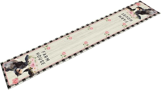Cow Farmhouse Table Runner, Rustic Black White Plaid Buffalo Animals Flower Rose Farm Coffee Table Center Decor for Family Kitchen and Living Room Country Holiday Party Table Decorations, 13" X 36"