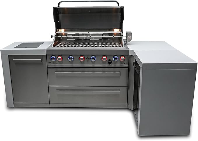 Mont Alpi 805 6-Burner 115000 BTU MAi805-D90 L-shaped Stainless Steel Deluxe Modular Outdoor Kitchen BBQ Island Grill, Infrared Rear & Side Burner, Granite Countertops, Storage, Rotisserie Kit & Cover