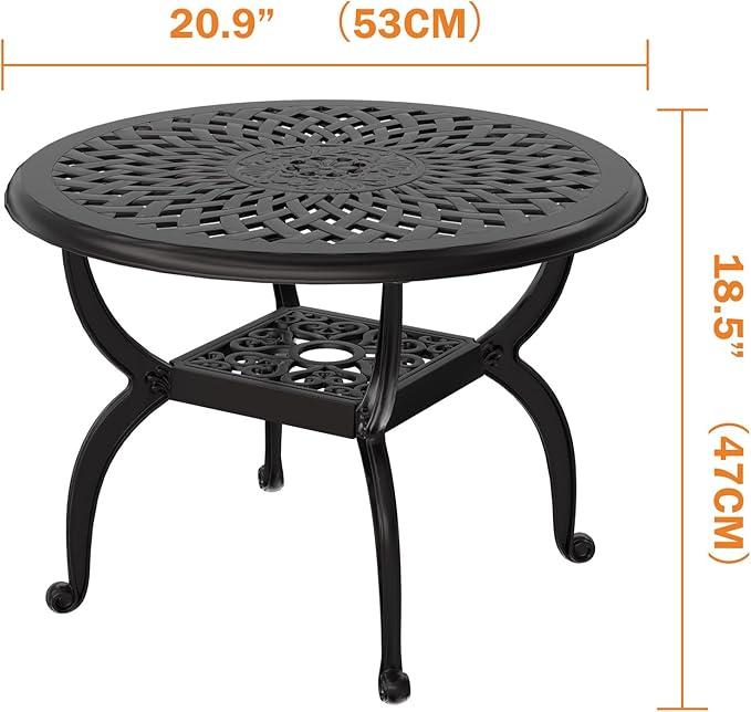 Cast Aluminum Outdoor Side Table, All Weather Round Bistro Table, Outdoor Coffee Table, Small End Table for Patio, Indoor, Lawn, Garden, Black