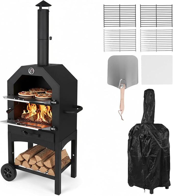 2-Tier Freestanding Charcoal Pizza Oven Stone and Shovel Large Wood Fired Pizza Oven for Backyard Camping Tailgating