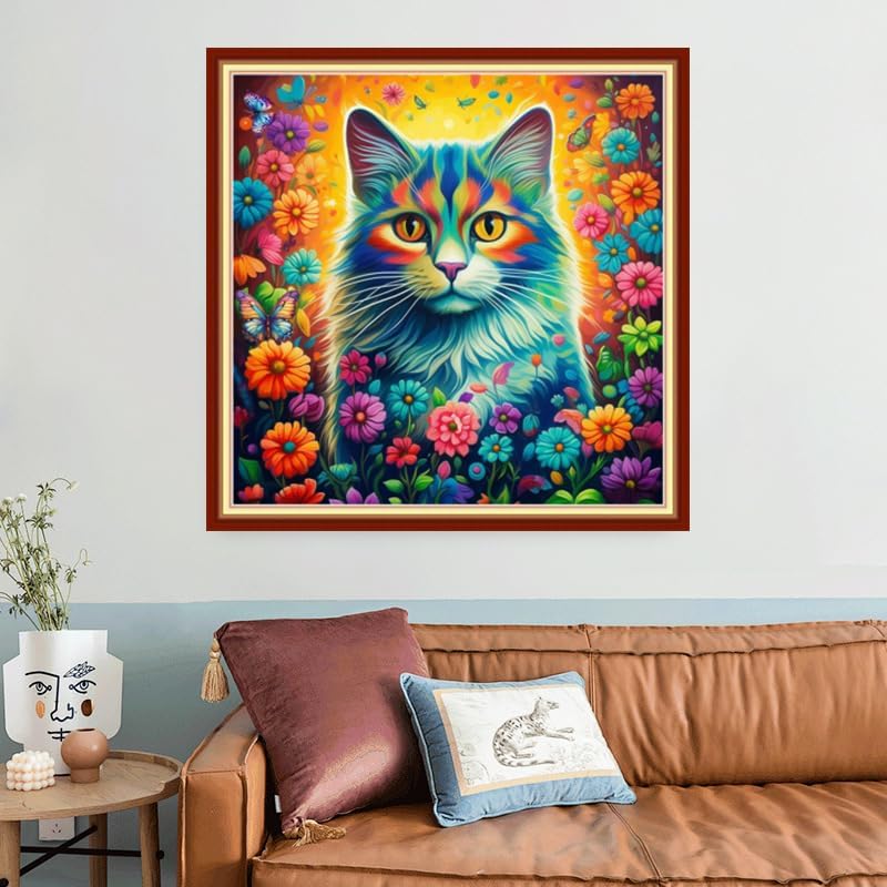 Joyhoor Stamped Cross Stitch Kits for Beginners, Needlepoint Kits for Adults, 11CT Counted Embroidery Kits-Cat Flowers 18x18 inchs