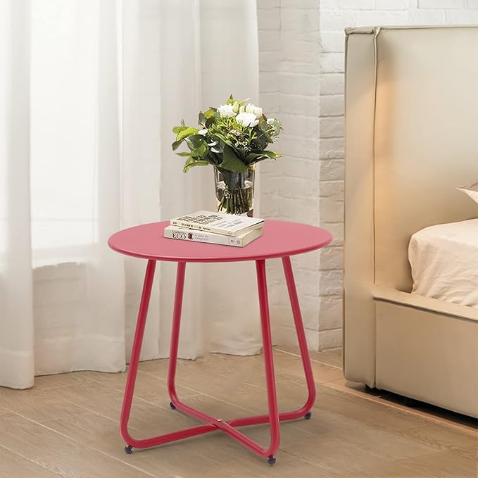 Patio Small Side Table Waterproof Round Metal Steel Weather Resistant Portable Outdoor and Indoor End Table for Garden Balcony Yard, Red