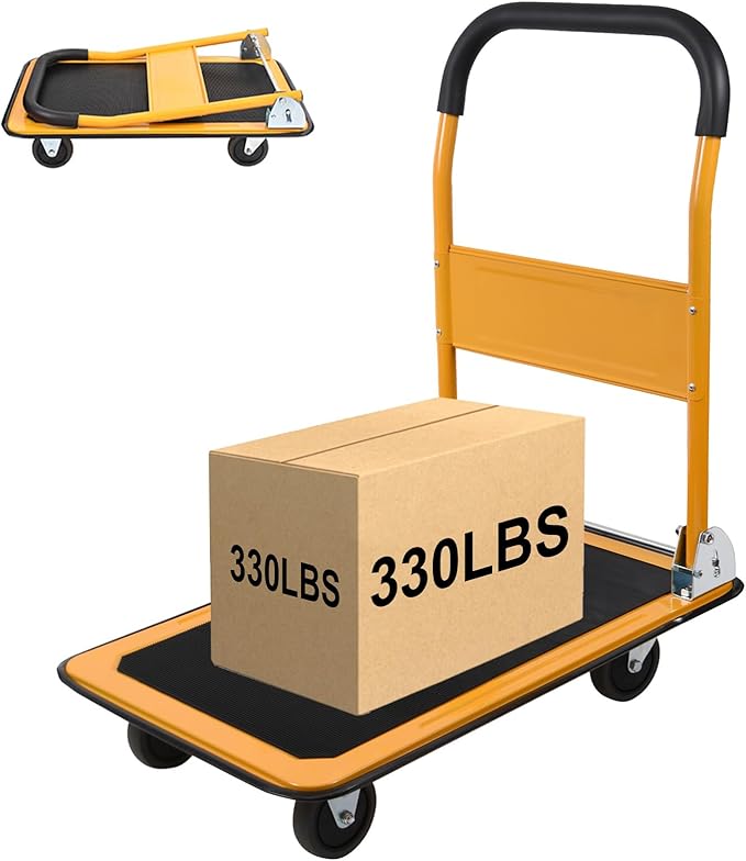 LEADALLWAY Foldable Push Cart Platform Cart 330lbs Capacity 4 Wheels 28.7x18.5x32.3inches Yellow Small Flatbed Cart