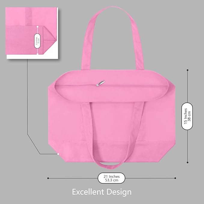 TOPDesign 3-Pack Canvas Tote Bags with an External Pocket, Reusable Grocery Shopping Bags, Top Zipper Closure, Daily Essentials (Pink)