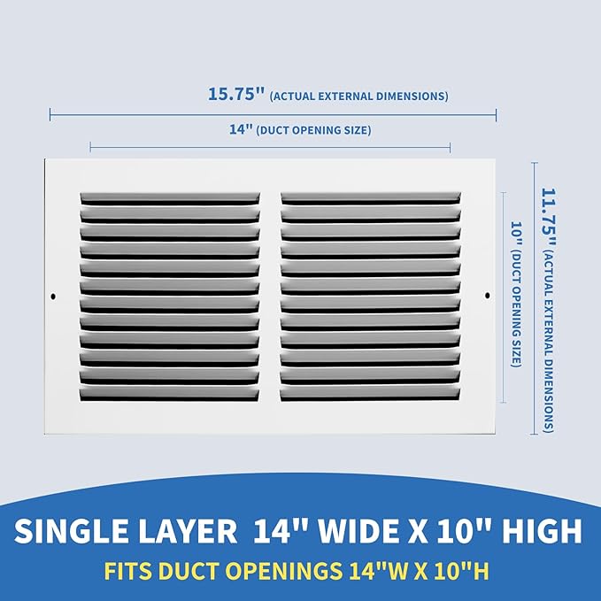 14 x 10 Vent Cover (Duct Opening Size), Air Return Vent Cover, AC Vent Cover, Cold Air Return Vent Cover, Flat Return Air Grilles, Outer Dimensions:15.75"W x 11.75"H (14"W x 10"H, Duct Opening)