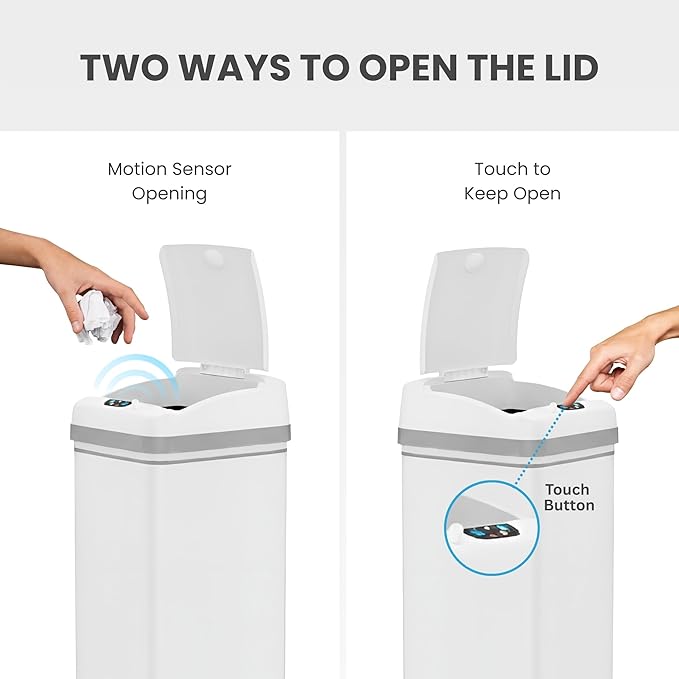 iTouchless 50 Liter / 13 Gallon Kitchen Trash Can with Lid & AbsorbX Odor Filter – Motion Sensor Chalk White Stainless Steel Garbage Bin for Home, Office, or Garage – Slim, Large Capacity Design