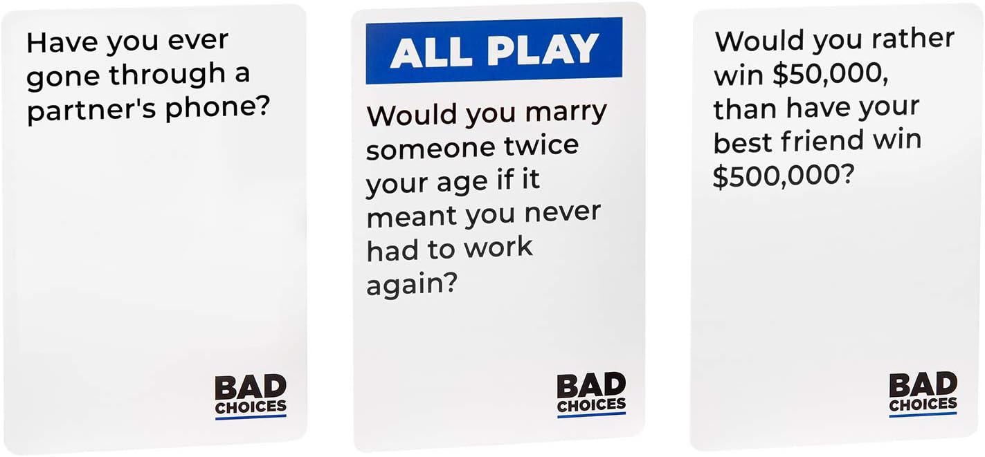 BAD CHOICES Party Game - The Have You Ever? Game - Hilarious Adult Card Game for White Elephant Parties and Board Games Night with Your Friends