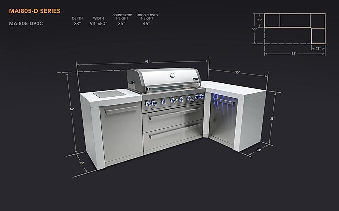 Mont Alpi 805 6-Burner 115000 BTU MAi805-D90 L-shaped Stainless Steel Deluxe Modular Outdoor Kitchen BBQ Island Grill, Infrared Rear & Side Burner, Granite Countertops, Storage, Rotisserie Kit & Cover