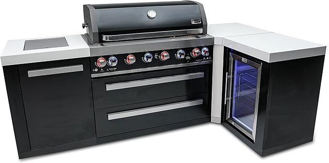Mont Alpi MAi805-BSS90FC Black Stainless Steel 90 Degree Corner Gas Outdoor Kitchen Bar Island Grill w/Wine Cooler Beverage Center Refrigerator + Infrared Side & Rear Burners + Granite Countertop
