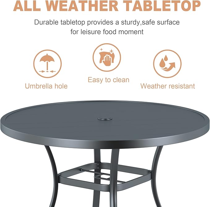 VICLLAX Round Patio Dining Table, 41 inch Metal Outdoor Dining Table with Umbrella Hole for Garden Lawn Balcony Deck, Dark Grey
