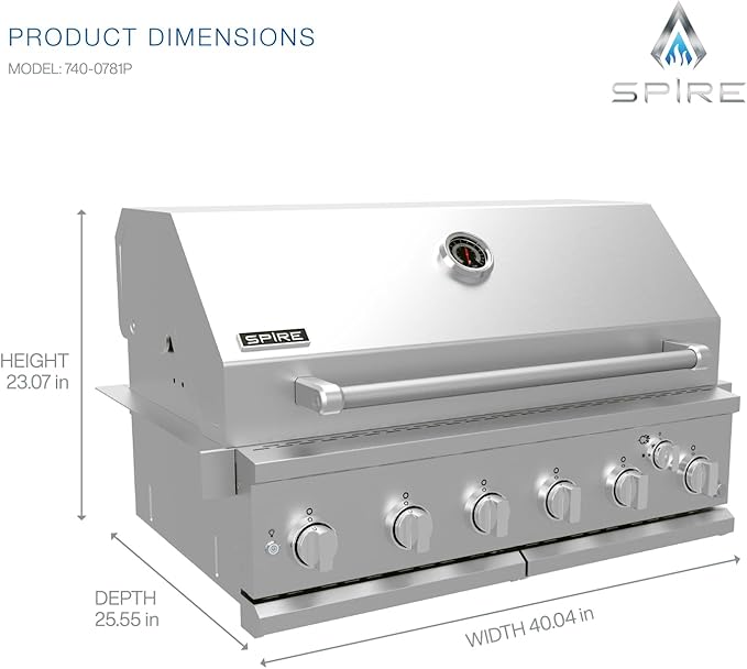 Spire Premium 6 Burner Built In Gas Grill Island Head, Stainless Steel 36 Inch Propane Grill with Rear Burner, 73,000 BTUs, 904 SQ In Racks with Dual Fuel Compatibility - 740-0781P