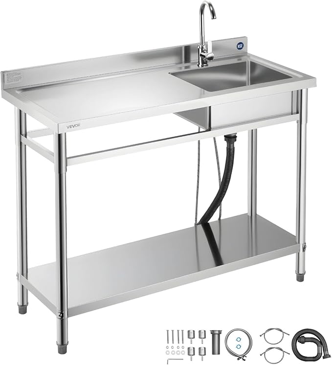 VEVOR Stainless Steel Utility Sink, Free Standing Single Bowl Commercial Kitchen Sink with Faucet, Utility Left Basin Workbench with Hot & Cold Water Pipe for Garage Restaurant Laundry, 47x19.7x37 in