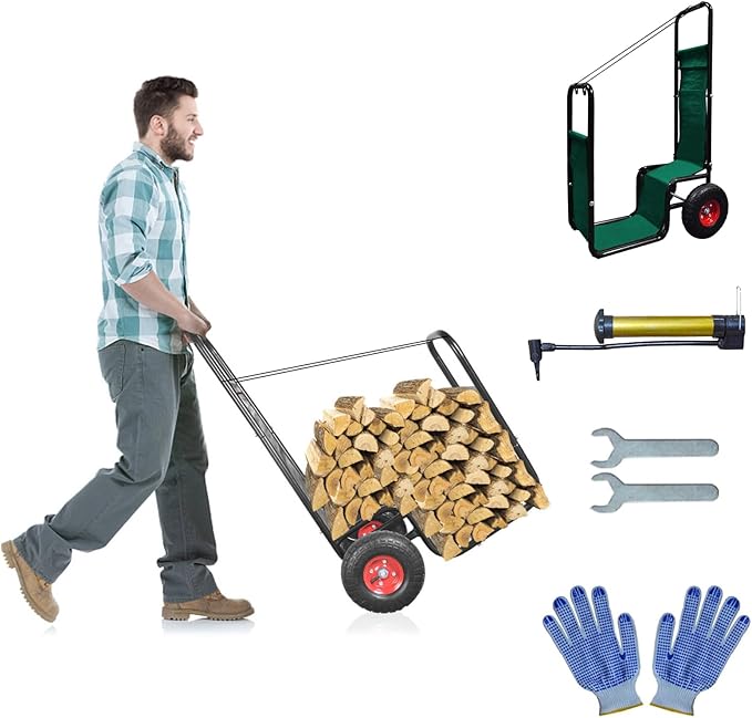 Firewood Cart with Pneumatic Wheel: 44 X 27 X 20 in Heavy Duty 220 lbs Load Capacity Waterproof Easy Assembly Rack for Indoor Garden Backyard Fireplace Men Women Use with Rubber Wheels