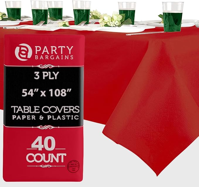PARTY BARGAINS 40 Disposable Table Covers - 54" X 108" Real-Red Table Cover, 3 Ply Paper & Plastic Tablecloth