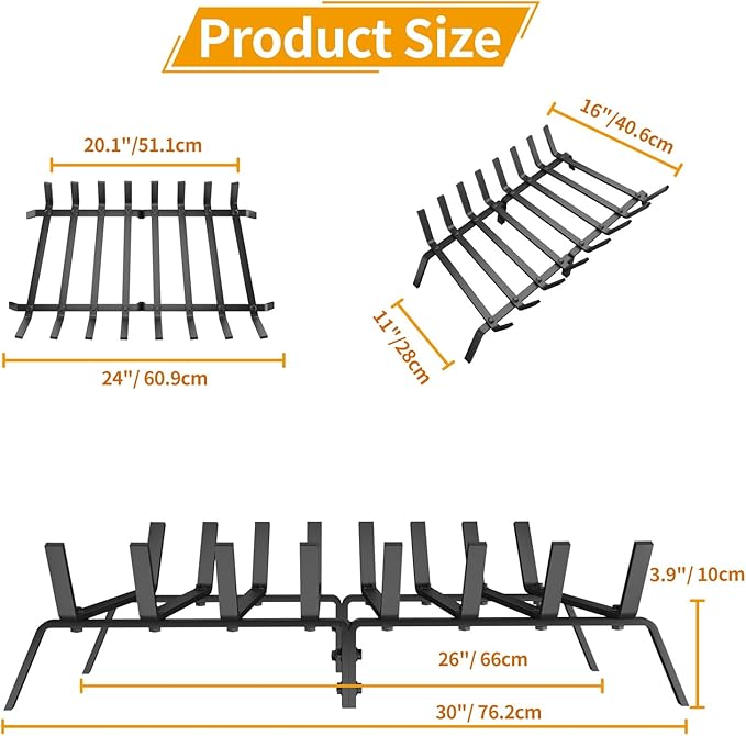 Fireplace Grate, 30 inch Solid Fireplace Log Holder, Heavy Duty Cast Iron Firewood Log Burning Rack Fire Grates for Inside Fireplace Accessories
