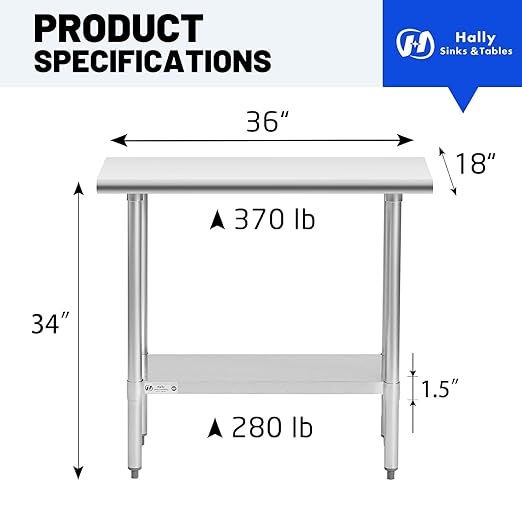 Hally Stainless Steel Table for Prep & Work 18 x 36 Inches, NSF Commercial Heavy Duty Table with Undershelf and Galvanized Legs for Restaurant, Home and Hotel